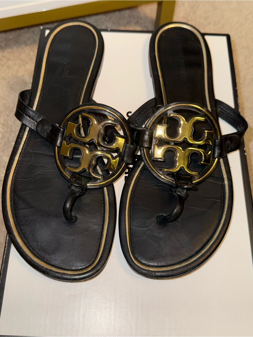 Tory Burch Black Leather Logo Thong Sandals with Gold Emblem- Very Used